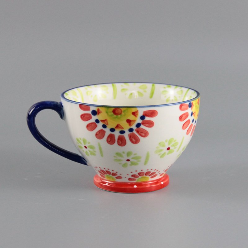 400ml Vintage ceramic cup mug hand painted happy animal flowers footed ceramic stamped mug round