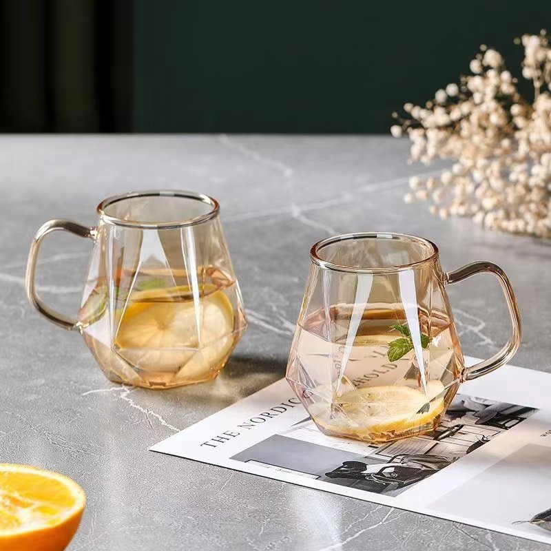 Wholesale high quality 10oz tea cup coffee cup hexagon beer mug milk glass with handle