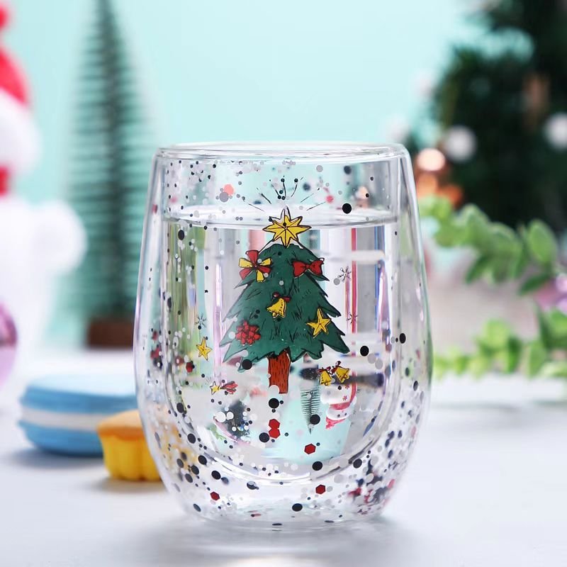2024 tree Sequins high borosilicate double glass tumbler coffee mug for christmas gift presents