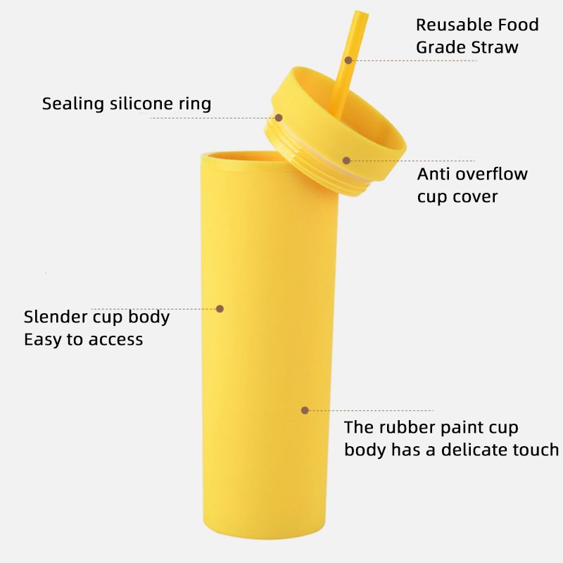 Reusable Custom 16 OZ Acrylic Plastic Slim Matte Mug With Straw Drinking Bottle