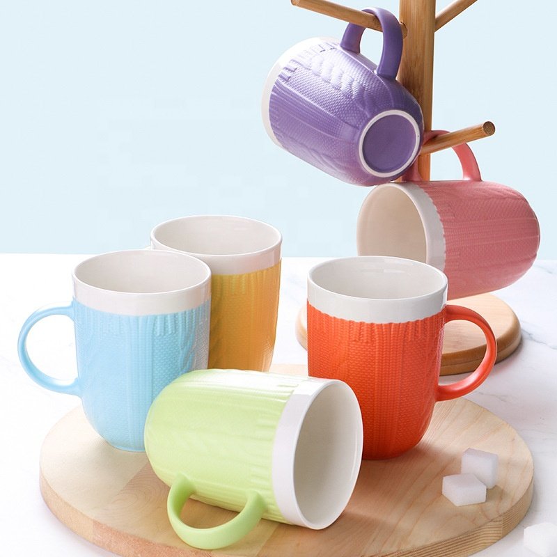 Living Room Breakfast Macaron Embossing Handmade Tea Cups Ceramic Mugs