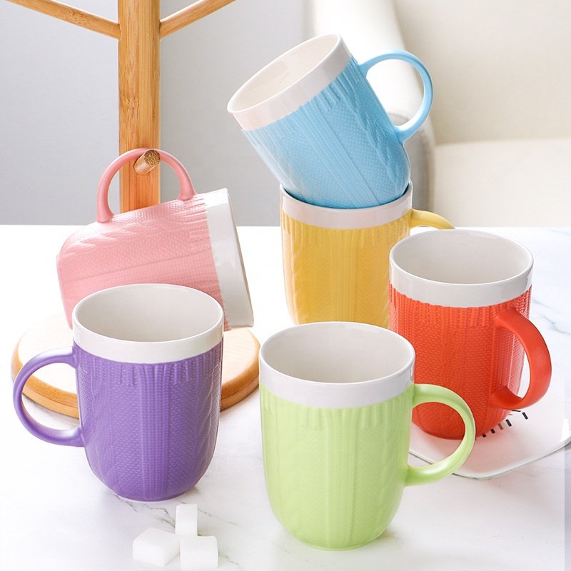 Living Room Breakfast Macaron Embossing Handmade Tea Cups Ceramic Mugs