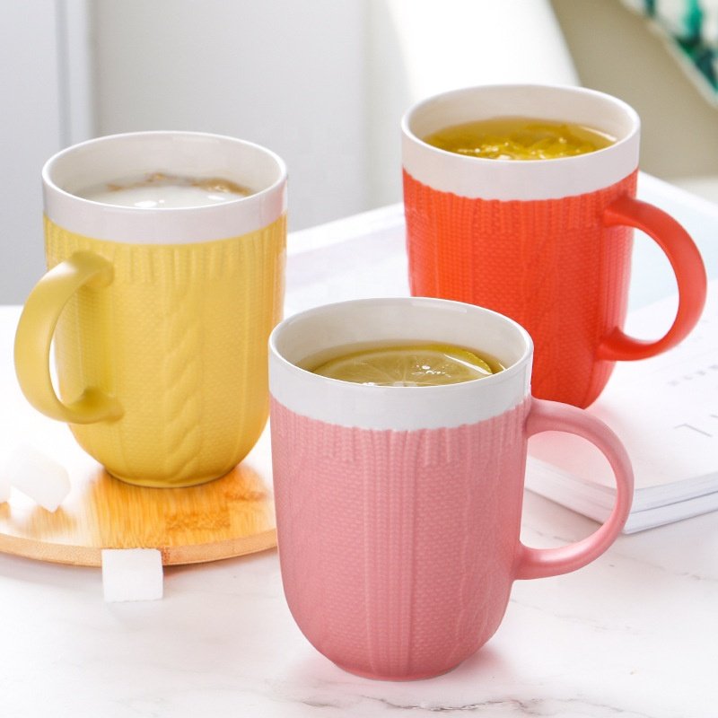 Living Room Breakfast Macaron Embossing Handmade Tea Cups Ceramic Mugs