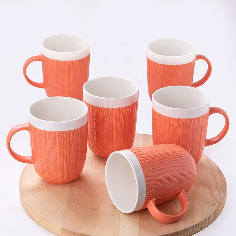 Living Room Breakfast Macaron Embossing Handmade Tea Cups Ceramic Mugs