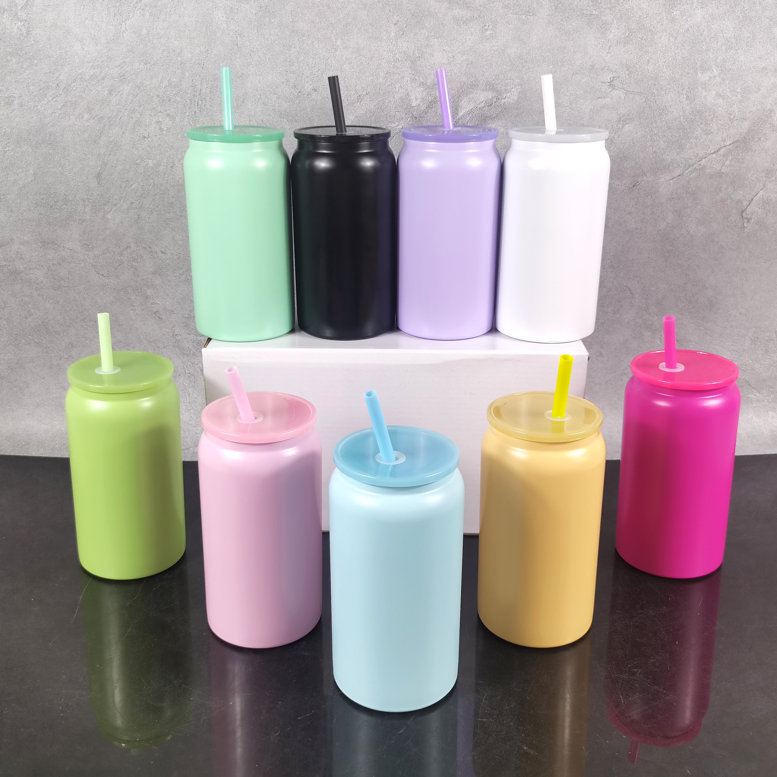 USA warehouse double walled metal stainless steel beer can 16oz thermos water bottle sublimation tumbler cups with lid and straw