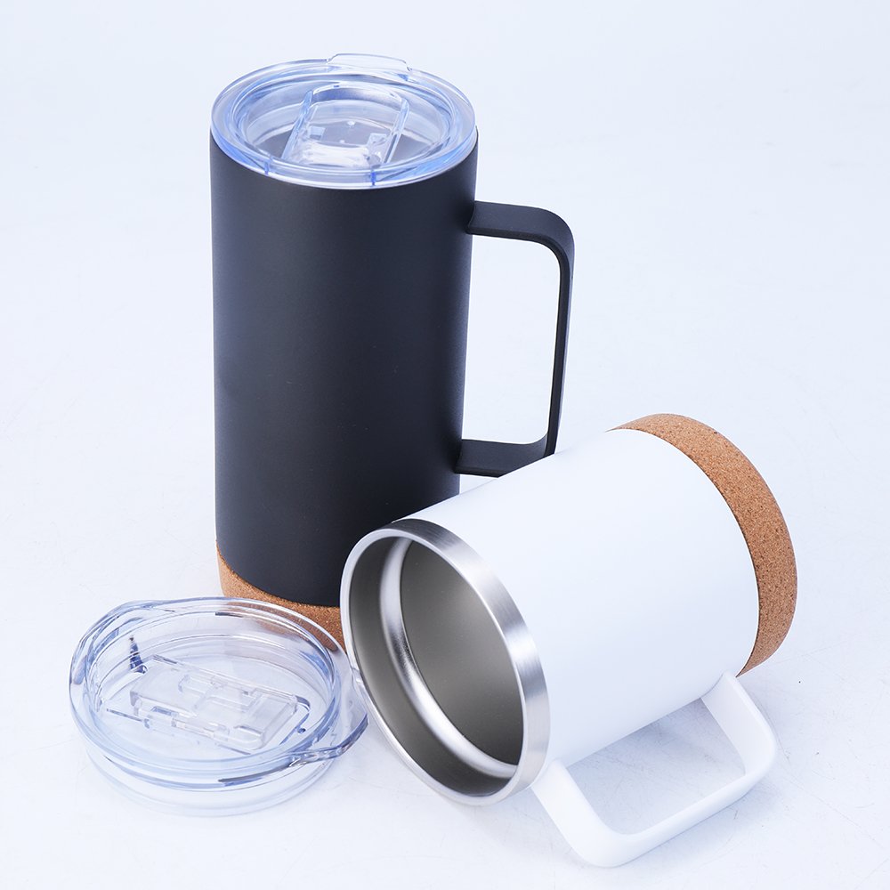 Cork Bottom Travel Mug with Handle Coffee Cups 12oz 16oz Reusable Sustainable Tumbler Wooden Stainless Steel Two Wall Insulated