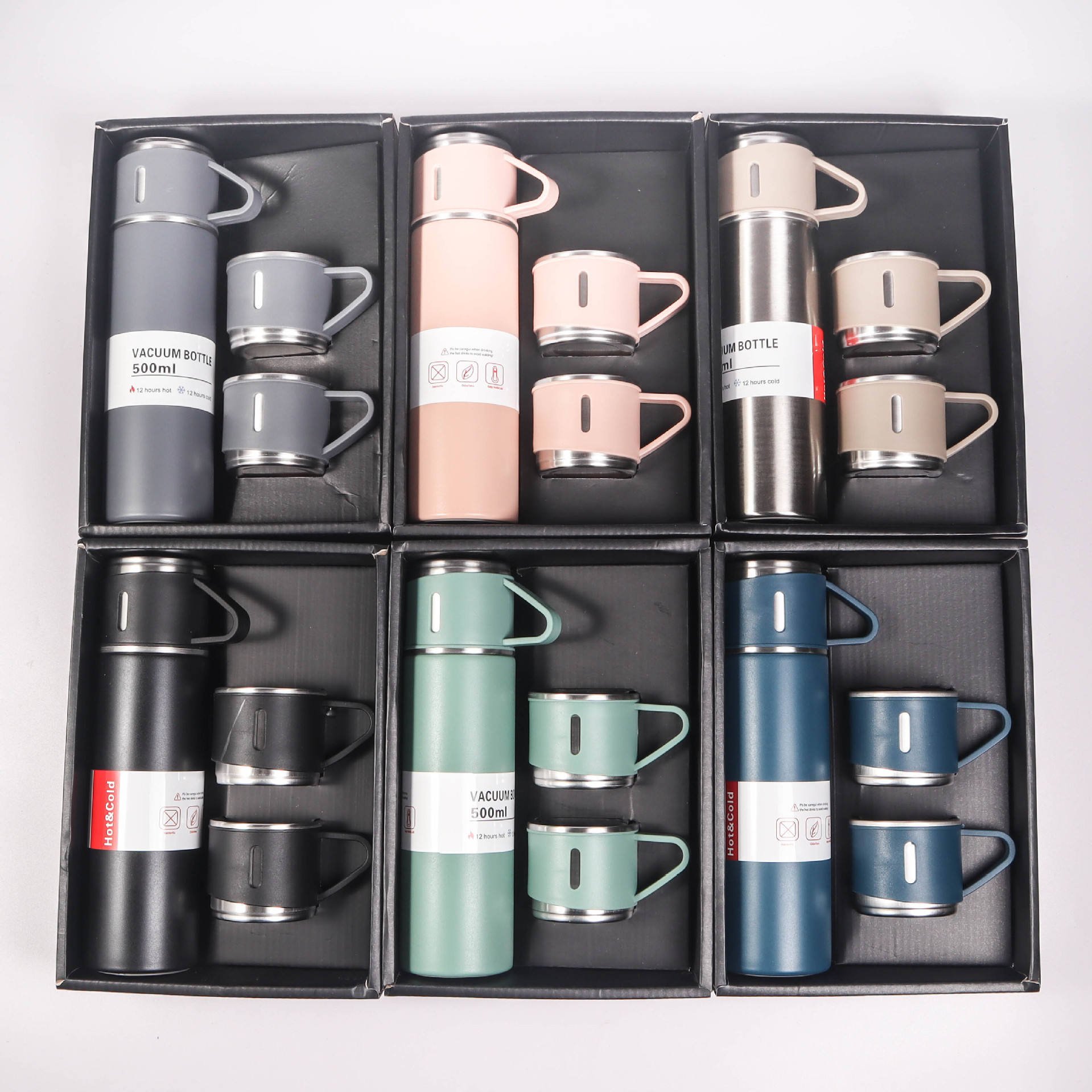 Custom Logo Business Gift Box Set 304 Stainless Steel Vacuum Thermal Termos Cup Flask Set Water Bottle Cups with 3pcs Lids
