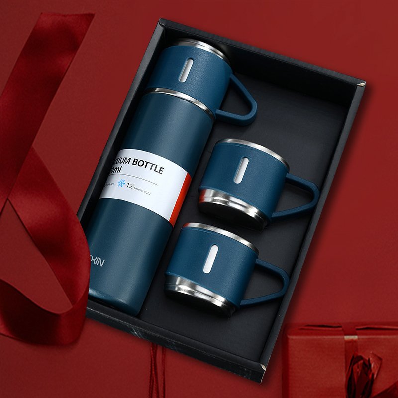 Custom Logo Business Gift Box Set 304 Stainless Steel Vacuum Thermal Termos Cup Flask Set Water Bottle Cups with 3pcs Lids