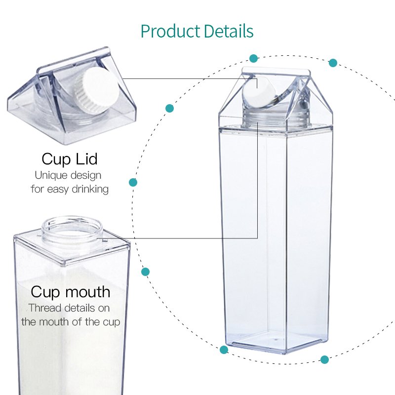 China Warehouse 500ml 1000ml BPA Free Plastic Square Transparent Milk Carton Custom Logo Water Mug Clear Acrylic Water Bottle