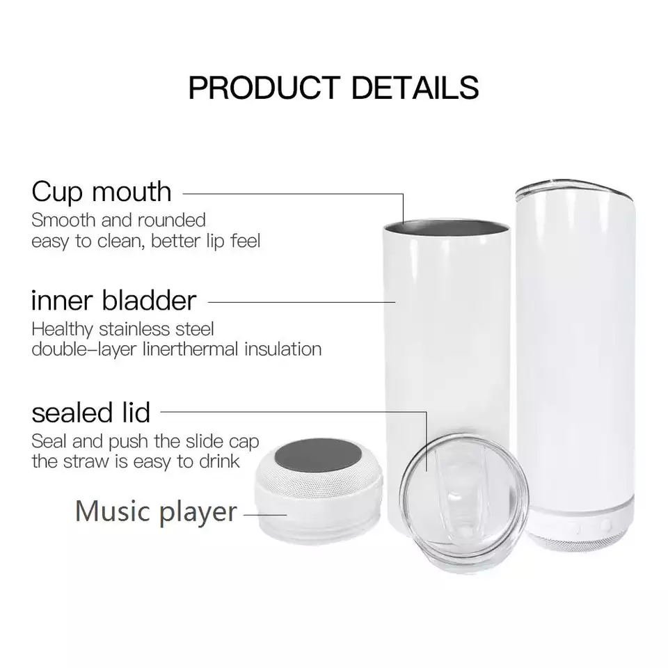 USA Warehouse AGH Stainless Steel 20oz Straight Skinny Black Blank Speaker Tumbler Sublimation With Speaker Music