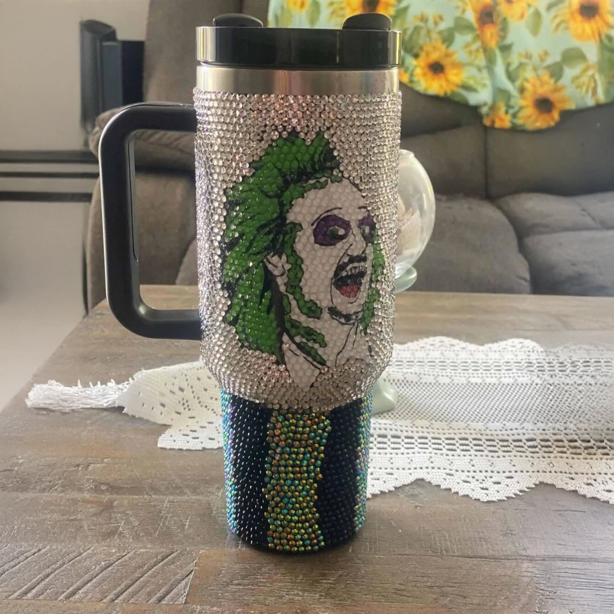 newest custom Halloween Beetlejuice crystal Lake proof 40Oz Rhinestone vacauum insulated cup Bling Tumbler mugs With Handle