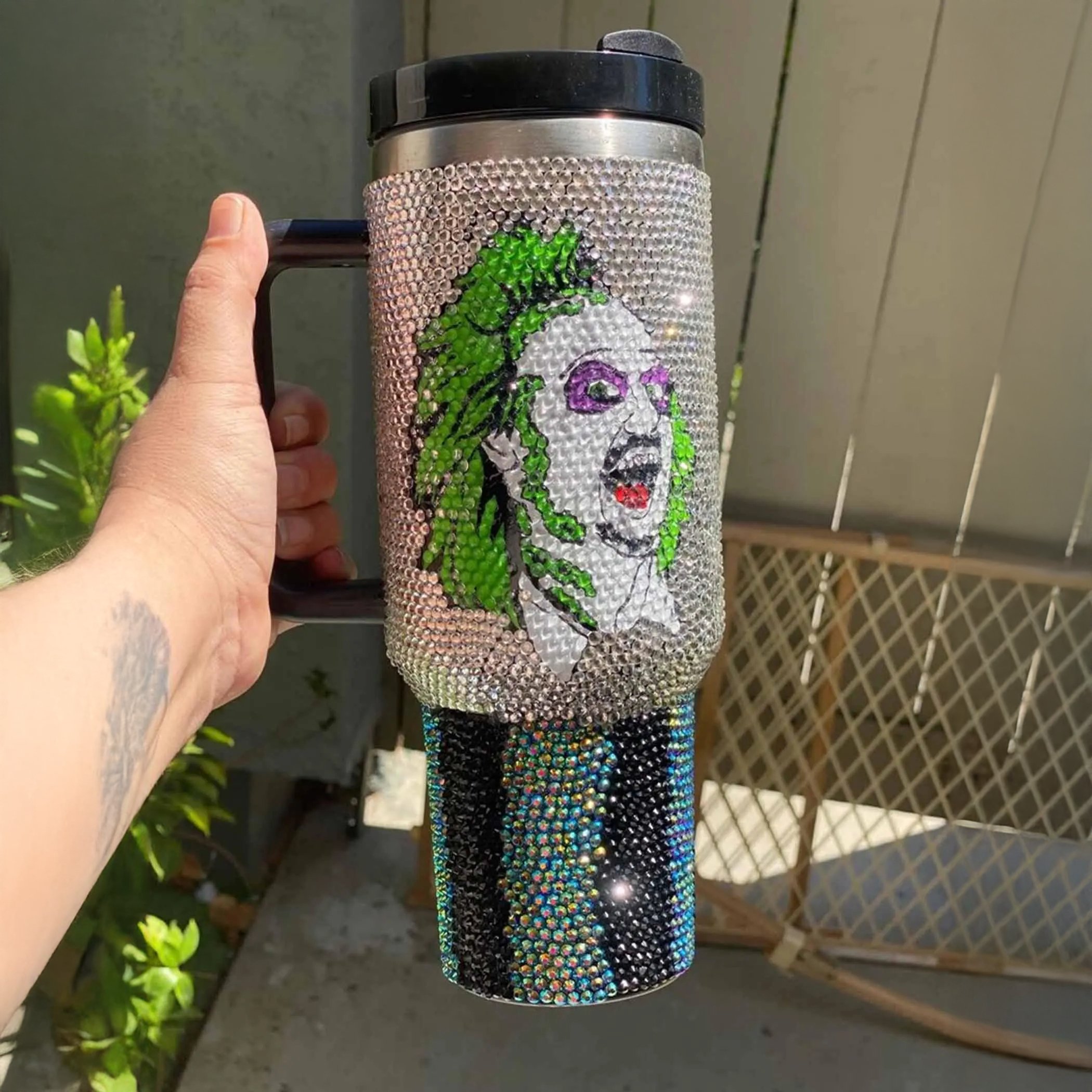 newest custom Halloween Beetlejuice crystal Lake proof 40Oz Rhinestone vacauum insulated cup Bling Tumbler mugs With Handle