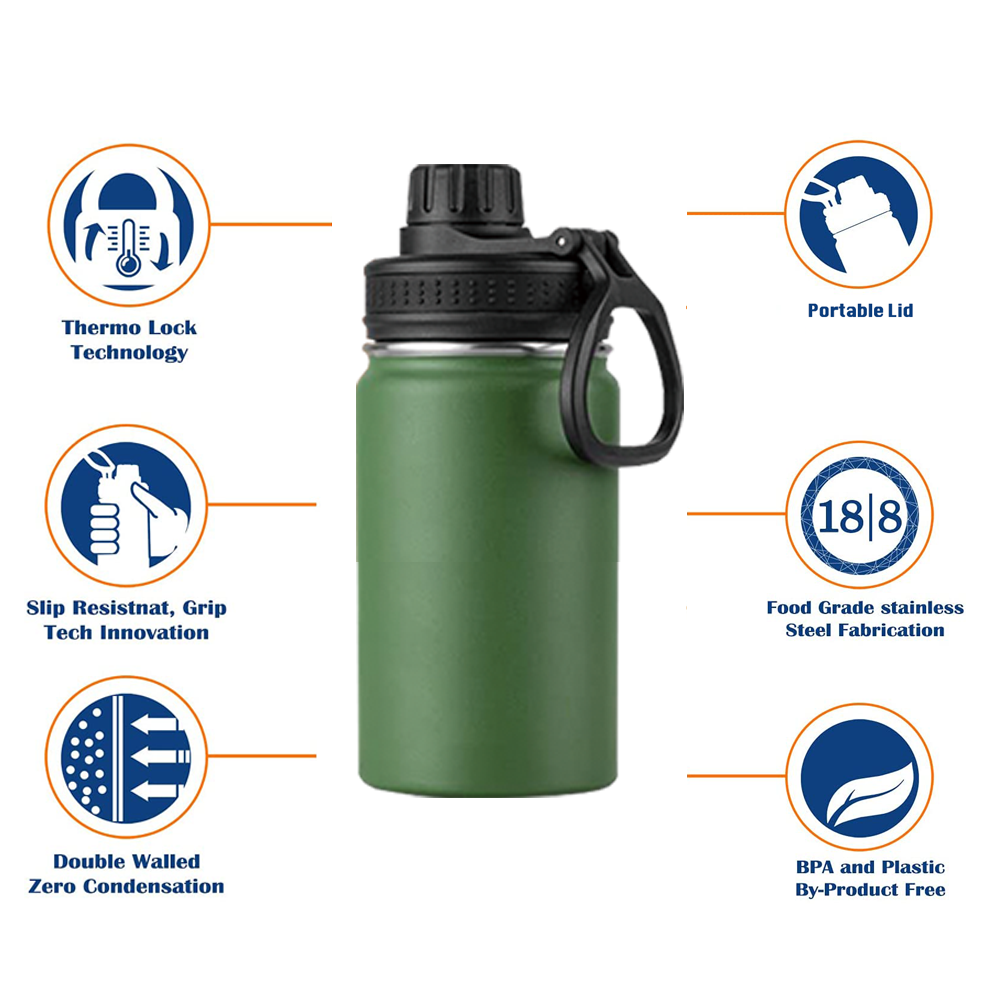 Healthkin 12oz Stainless Steel Double Wall Insulated Water Bottle with the Handgrip for Outdoor Sports Direct or Straw Drinking