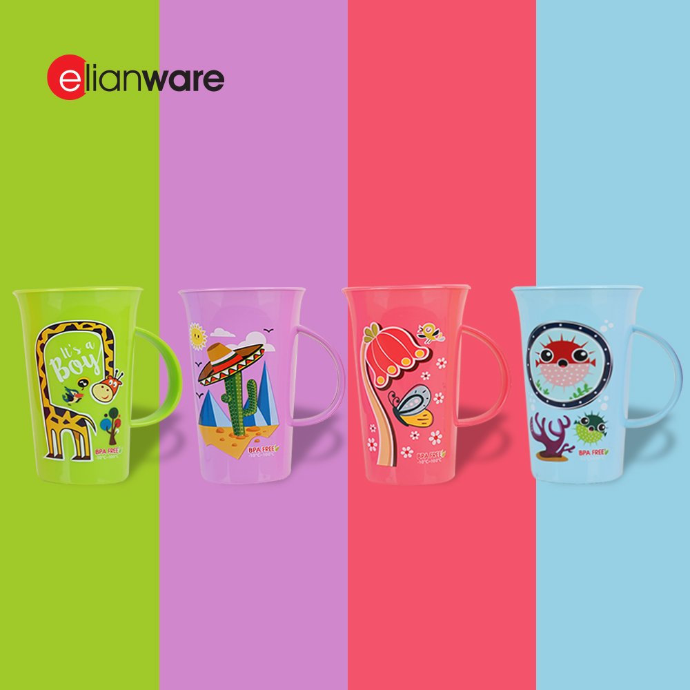 Elianware High Quality 400 ml Cartoon Kids Children Plastic Reusable Kindergarten 13 OZ PP Polypropylene Cups Mugs