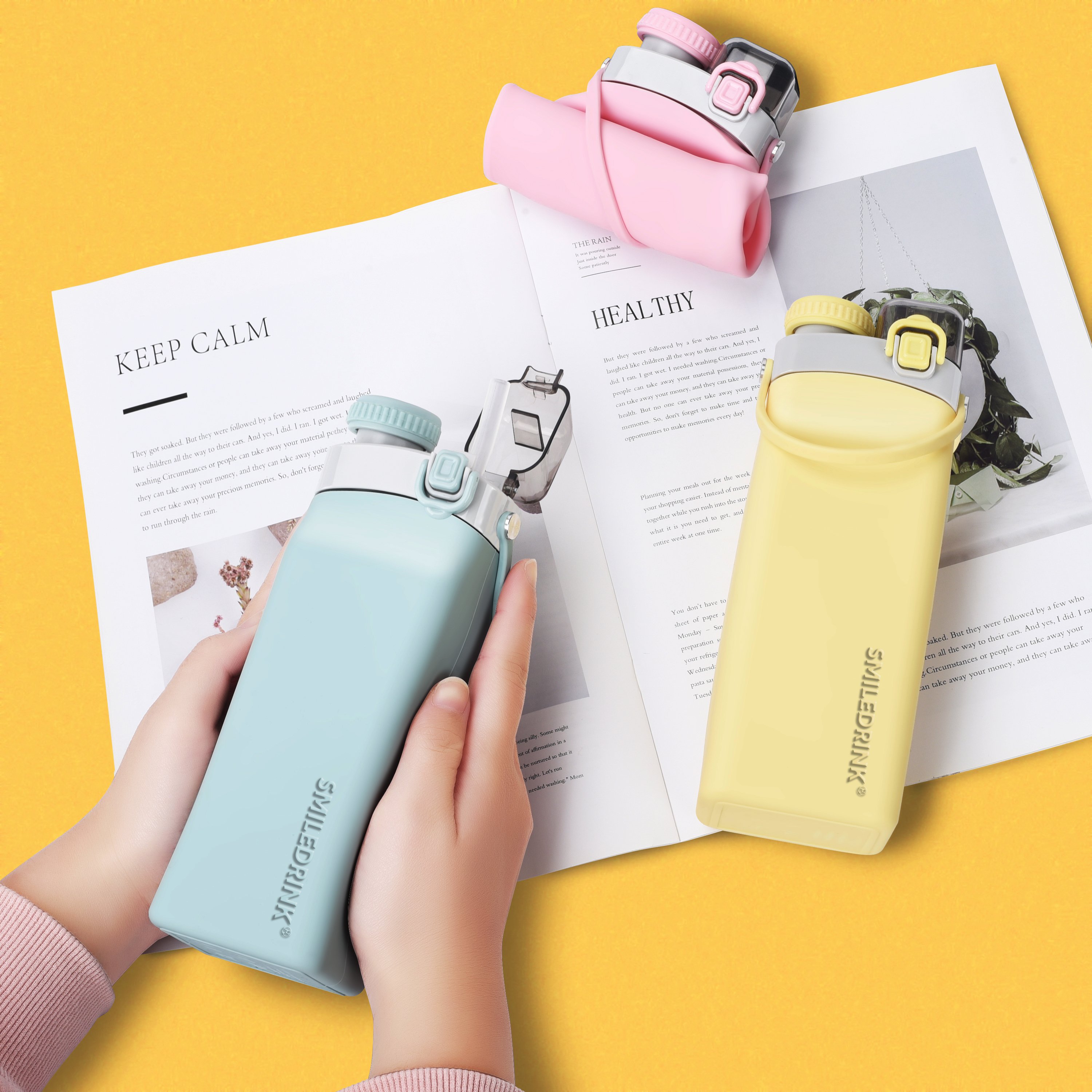 Eco friendly BPA Free100% Food Grade Square silicone collapsible leak proof foldable drinking water bottle With Straw for kids