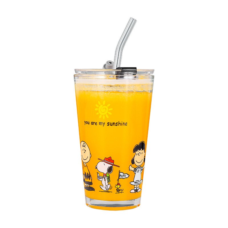 Wholesale 500ml Clear Thicken Doodle Water Bottle Glass Juice Milk Cartoon Sealed Glass Mug with Straw