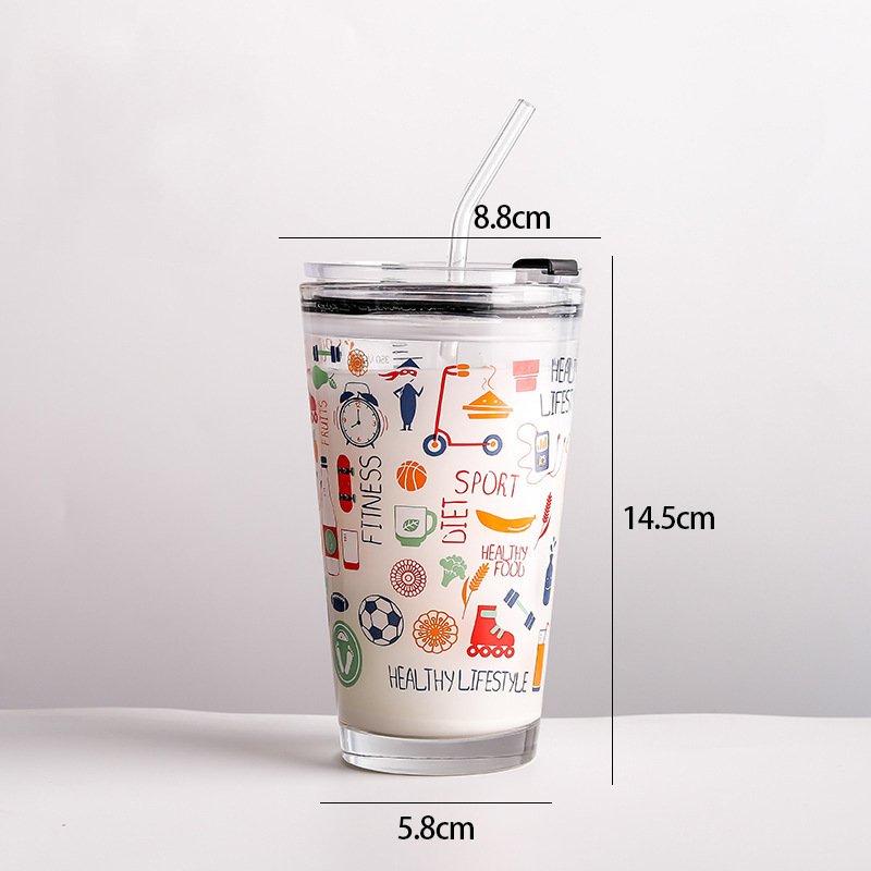 Wholesale 500ml Clear Thicken Doodle Water Bottle Glass Juice Milk Cartoon Sealed Glass Mug with Straw
