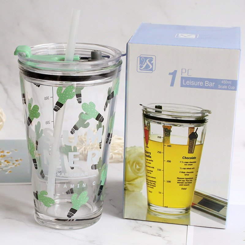 Wholesale 500ml Clear Thicken Doodle Water Bottle Glass Juice Milk Cartoon Sealed Glass Mug with Straw