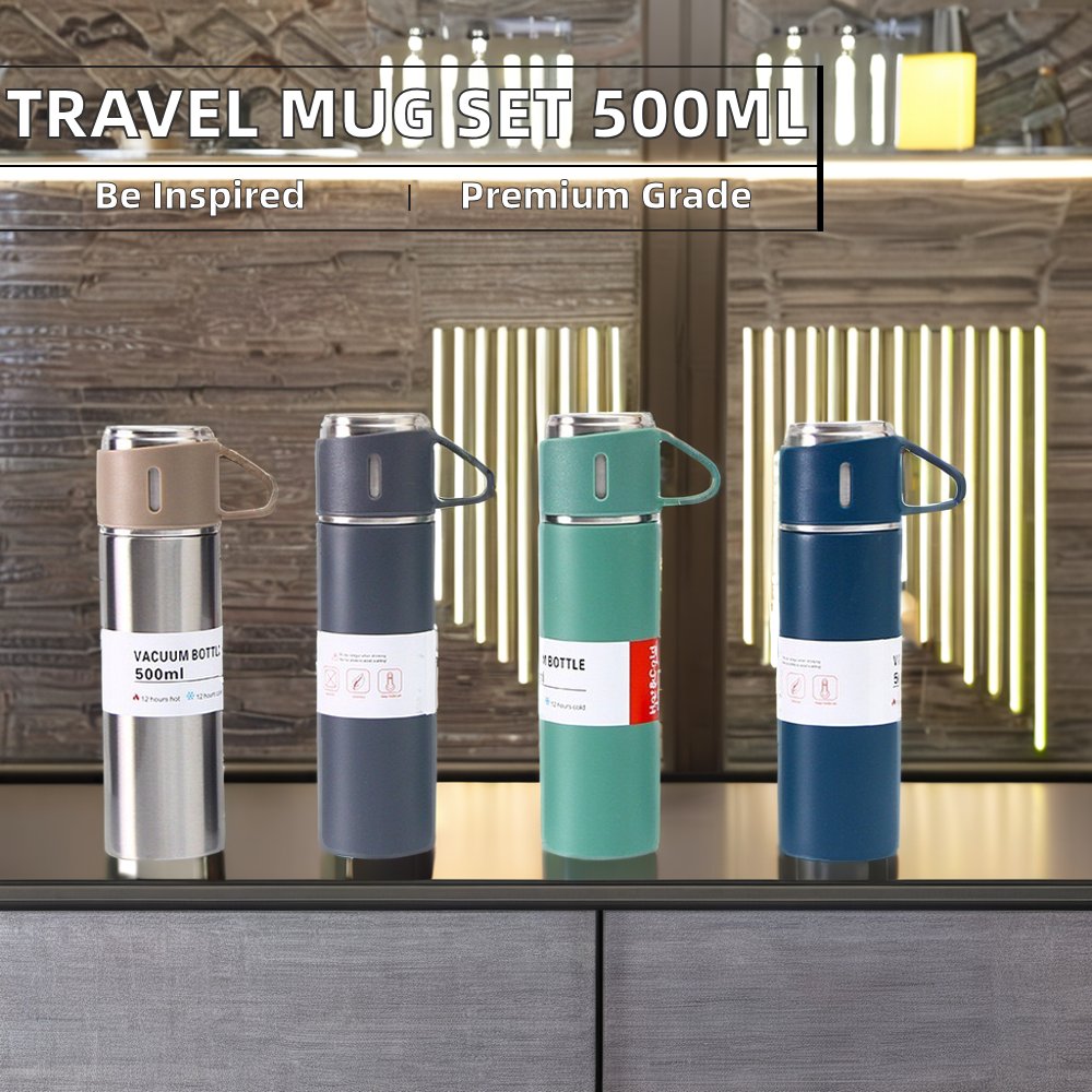Wholesale Classic Design Stainless Steel Double Wall Vacuum Cup 500ml Travel Thermal Mug Drinkware with 3 Cups for Water