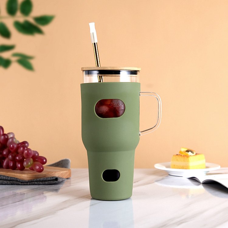 Top Selling Customize 32oz Glass Cup Can With Straw and Lid Juice Tumbler Silicone Sleeve Glass Water Bottle Glass Cup Mugs
