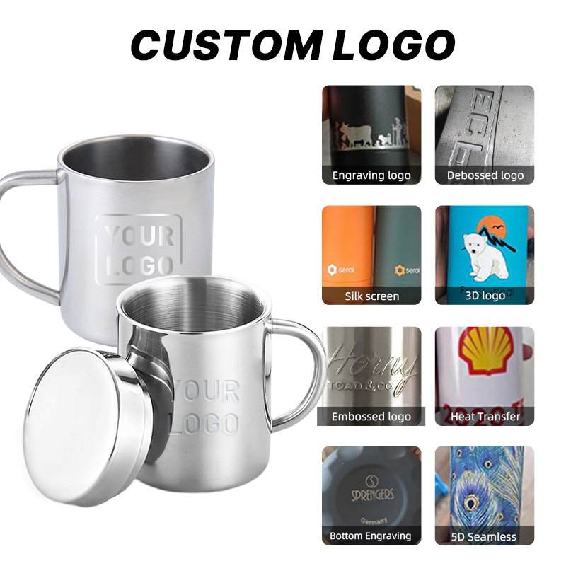Custom Camping 200ml 300ml 400ml Stainless Steel Cup Metal Double Wall Beer Tea Pint Carabiner Coffee Drinking Mug with Handle