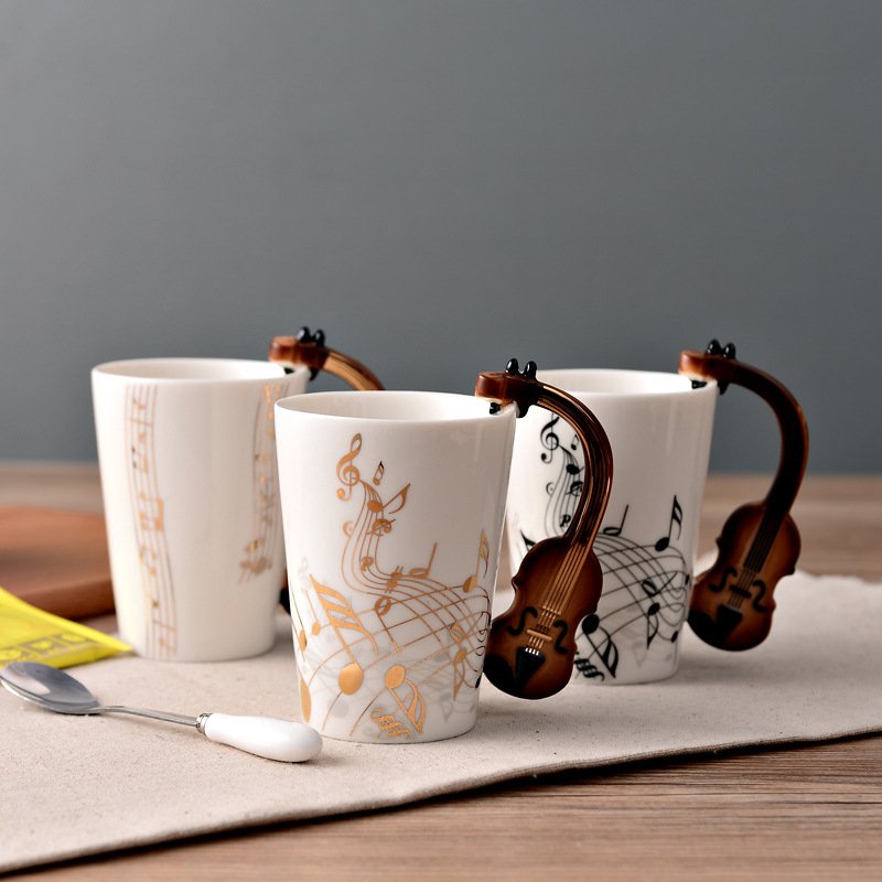 Funny Music Note Cup Clarinet Guitar Violin Snare Drum Piano Shaped Design Hand-Painted Coffee Mug with Instrument Handle