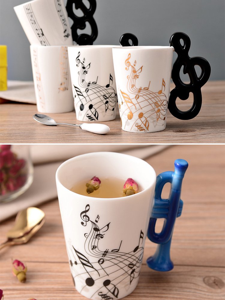 Funny Music Note Cup Clarinet Guitar Violin Snare Drum Piano Shaped Design Hand-Painted Coffee Mug with Instrument Handle
