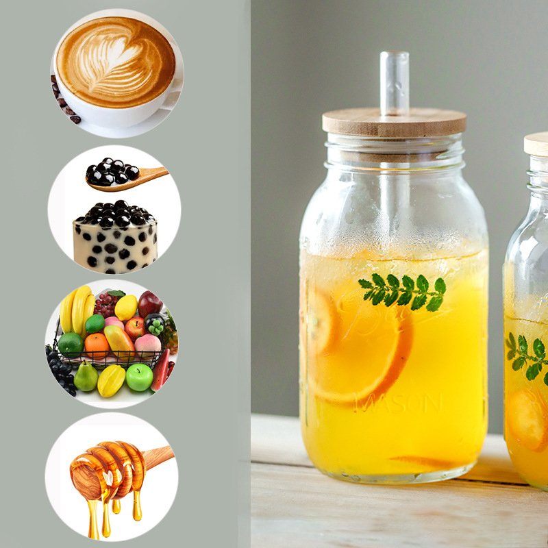DD1732 High Capacity 1L Mason Jar with Lid and Straw Reusable Boba Cup Smoothie Water Bottles Drinking Glasses Tumbler