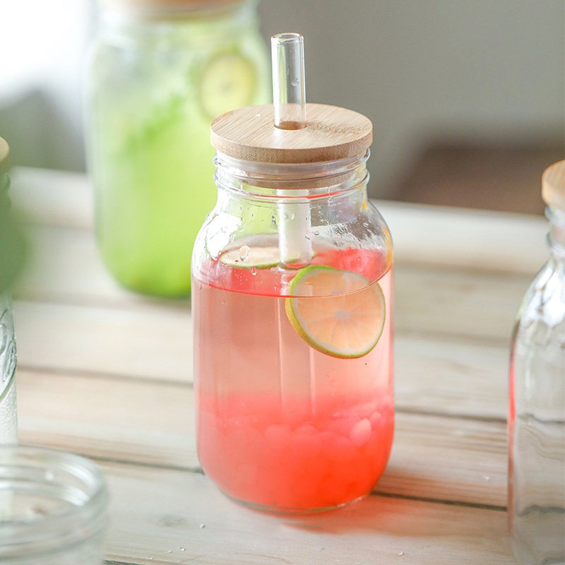 DD1732 High Capacity 1L Mason Jar with Lid and Straw Reusable Boba Cup Smoothie Water Bottles Drinking Glasses Tumbler