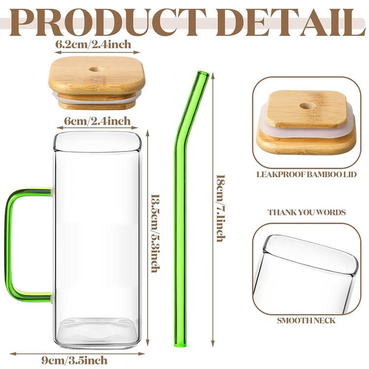 Custom Reusable Heat Resistant Mug colorful Handle Portable Square Glass Tea Coffee Cups With Bamboo Lids And Straw