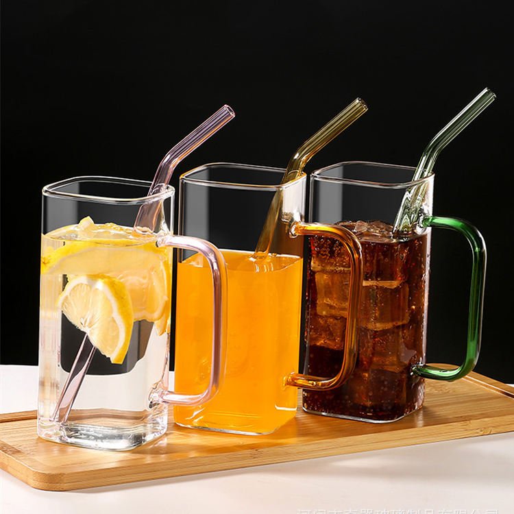 Custom Reusable Heat Resistant Mug colorful Handle Portable Square Glass Tea Coffee Cups With Bamboo Lids And Straw