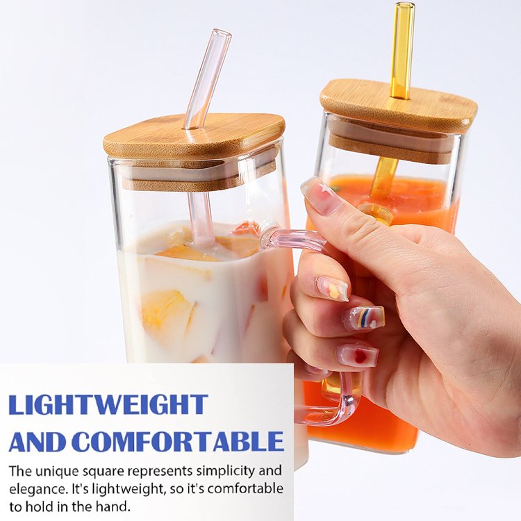 Custom Reusable Heat Resistant Mug colorful Handle Portable Square Glass Tea Coffee Cups With Bamboo Lids And Straw