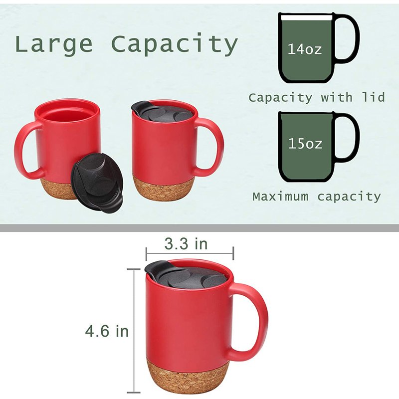 15 OZ Large red Ceramic Coffee Mugs with cork bottom and Handle for Tea