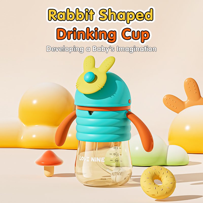 Sippy Cup Milk Baby Bottle with Rabbit Head Slide Mug PCT Drinking Cup OEM Factory Wholesale Bpa Free 300ml Large Straight Body