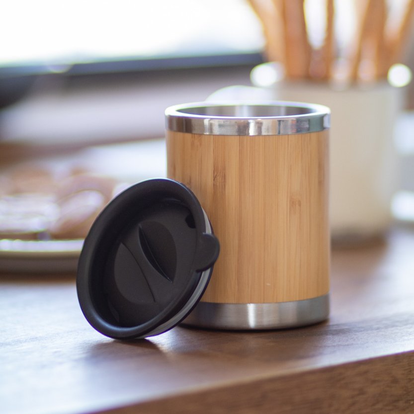 300 Ml Plastic Drinking Lid Double-Wall Stainless Steel And Bamboo Thermo Mug For Office