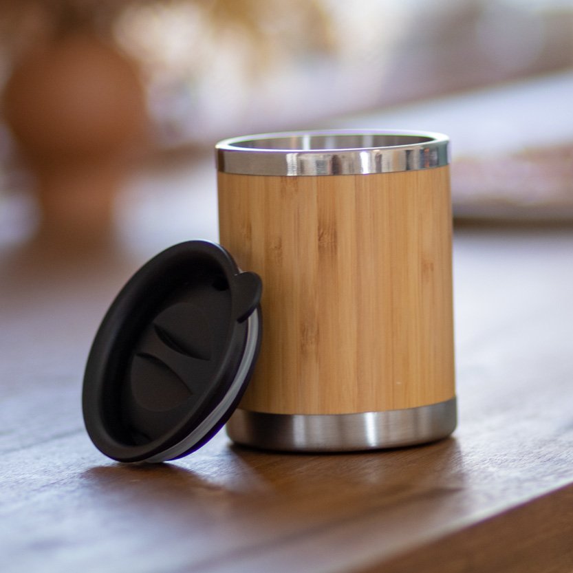 300 Ml Plastic Drinking Lid Double-Wall Stainless Steel And Bamboo Thermo Mug For Office