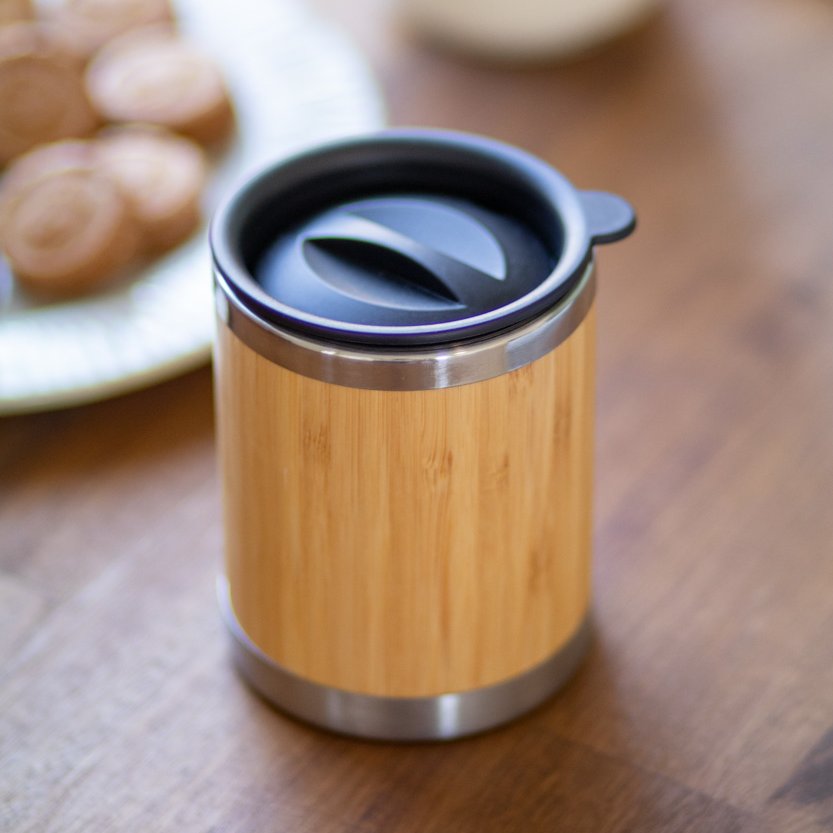 300 Ml Plastic Drinking Lid Double-Wall Stainless Steel And Bamboo Thermo Mug For Office