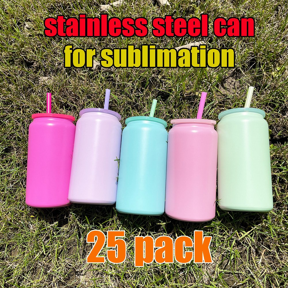 USA Warehouse Matt Candy Colored Macaron Blank Sublimation Double Walled Vacuum Insulated Stainless Steel 16oz Can Travel Mugs
