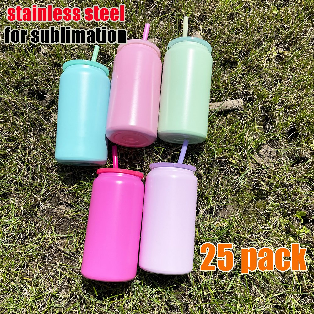 USA Warehouse Matt Candy Colored Macaron Blank Sublimation Double Walled Vacuum Insulated Stainless Steel 16oz Can Travel Mugs