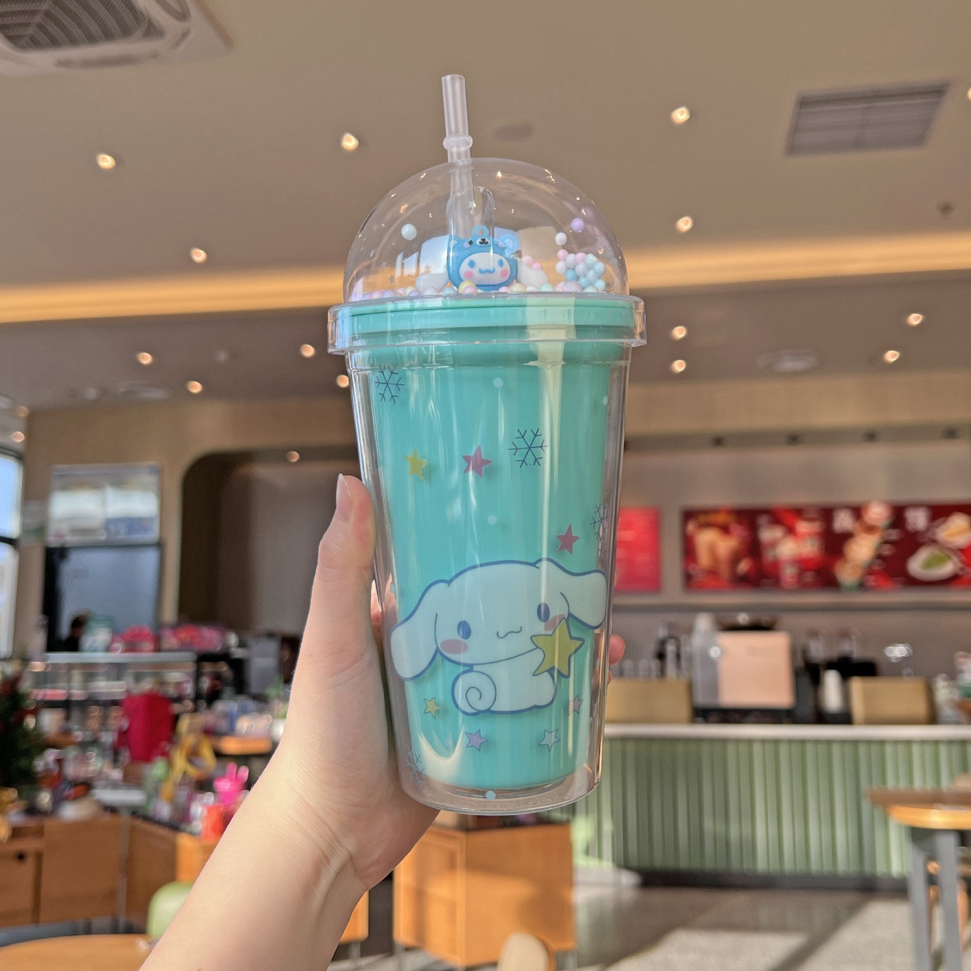 New 450ML Summer cycling double plastic creative vacuum water cup cute cartoon kid gift clear straw water bottle