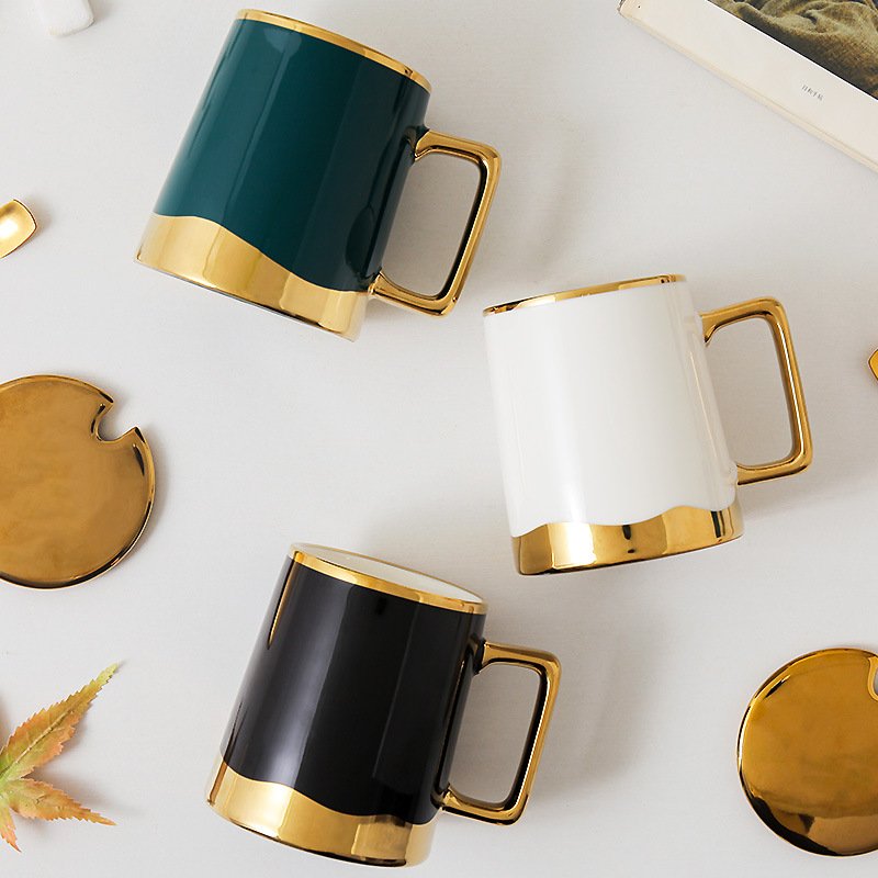 Zogifts White Color Couple Set Nordic Style Creative Glazed Custom Travel Breakfast On The Go Cups Gold Handle Coffee Mug