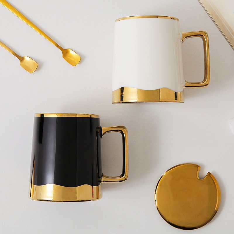 Zogifts White Color Couple Set Nordic Style Creative Glazed Custom Travel Breakfast On The Go Cups Gold Handle Coffee Mug