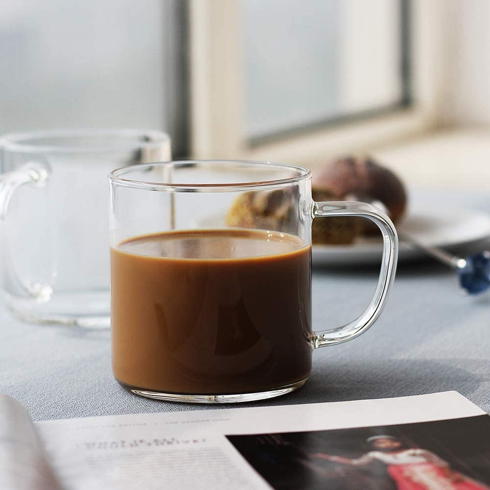 Glass Coffee Mugs Wide Mouth Mocha Hot Beverage Mugs,Clear Espresso Cups with Handle,Lead-Free Drinking Gl