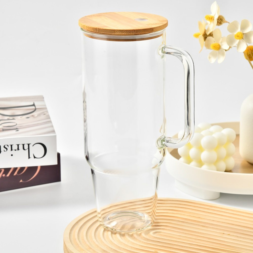 Hot sell sublimation blanks Clear 40oz Glass Tumbler with Handle and Bamboo lid frosted 32 oz glass Travel mug Water Bottles