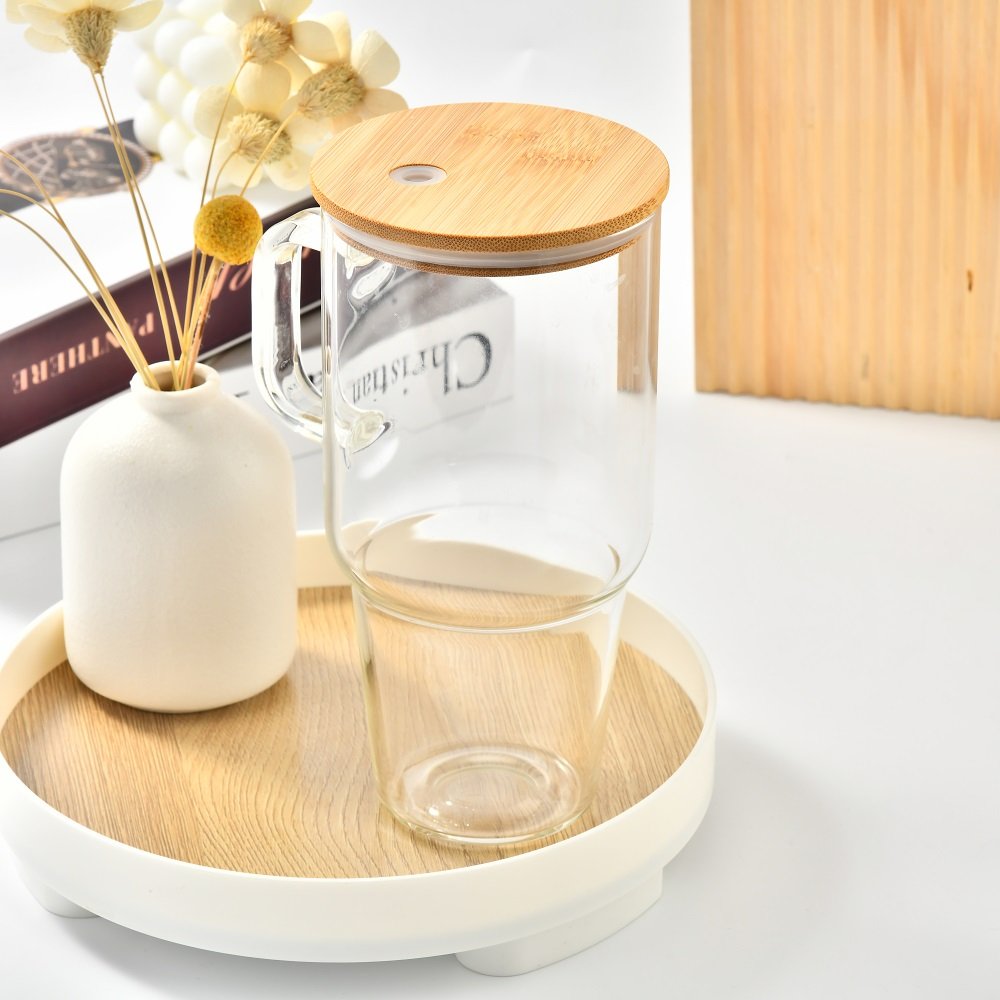 Hot sell sublimation blanks Clear 40oz Glass Tumbler with Handle and Bamboo lid frosted 32 oz glass Travel mug Water Bottles