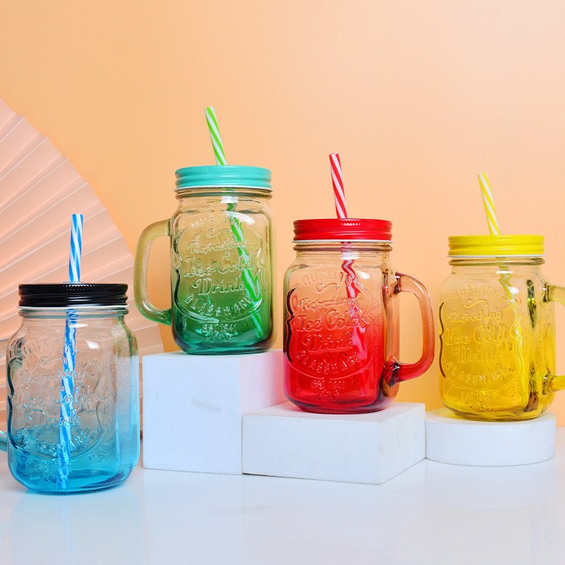 Mason Jar 16oz Mugs With Handle Steel Lid And Plastic Straws Fashion Drinking Glasses For Party Or Daily Use Drinking Beverages