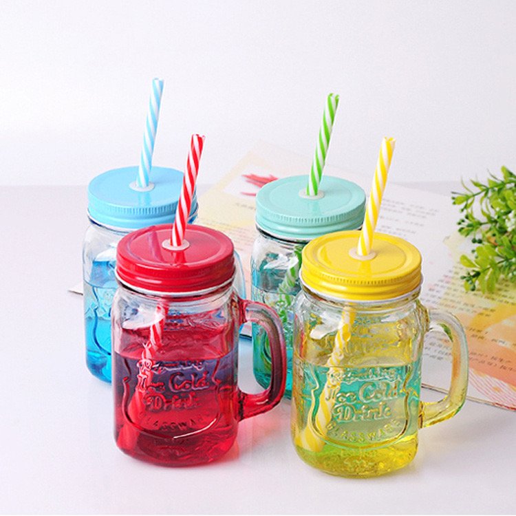 Mason Jar 16oz Mugs With Handle Steel Lid And Plastic Straws Fashion Drinking Glasses For Party Or Daily Use Drinking Beverages