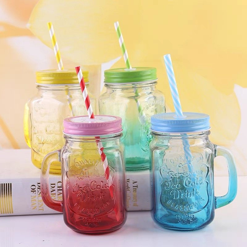 Mason Jar 16oz Mugs With Handle Steel Lid And Plastic Straws Fashion Drinking Glasses For Party Or Daily Use Drinking Beverages