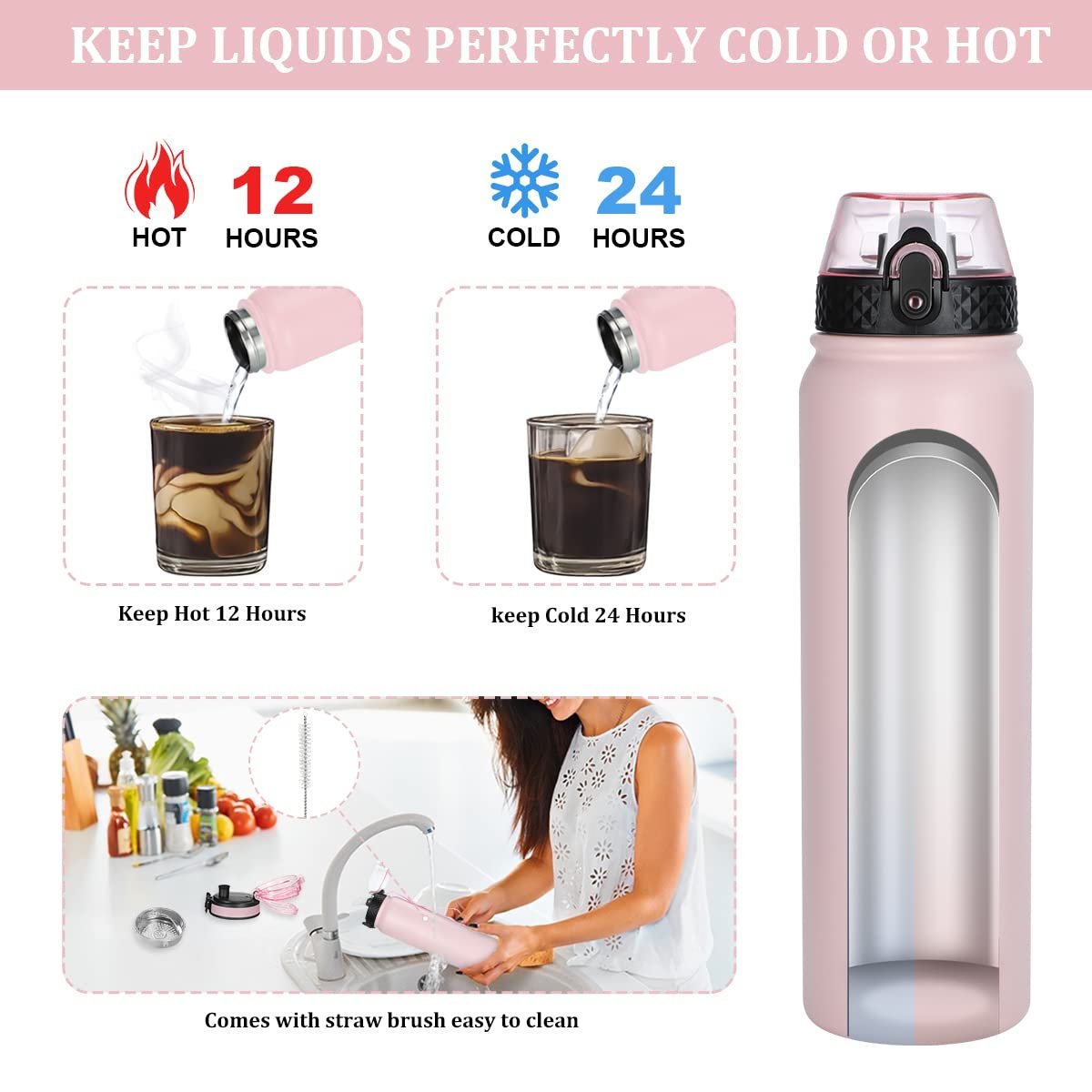 Leak Proof 750 Ml Double Wall Printed Stainless Steel Drinking Water Bottle Bpa Free Vacuum Flask With Straw Lid