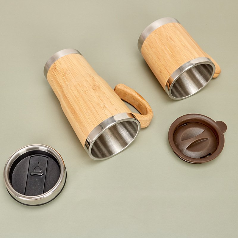 Natural Bamboo Body Double Wall Stainless Steel Coffee Mugs Vacuum Thermos Insulated Tumbler Tea Cups with Handle